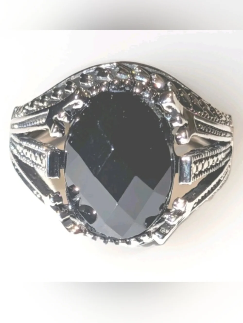 Mens Black Simulated Onyx Ring Silver Plated Size 10 Oval Statement Gothic Ring